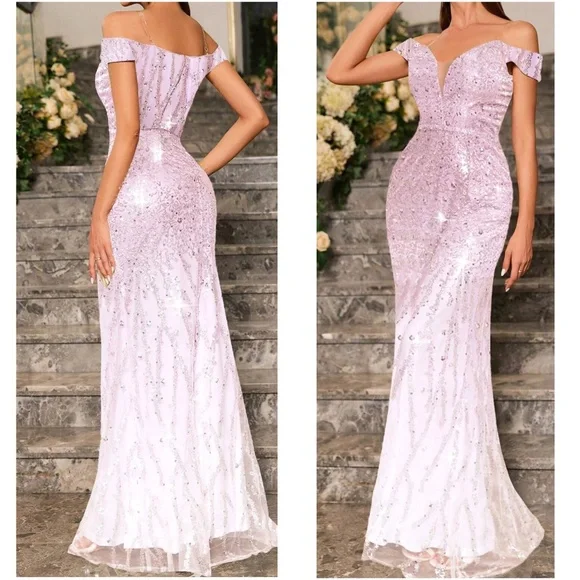 Ombre Sequin Off Shoulder Bodycon Party Formal Prom Wedding Dress - Picture 7 of 9
